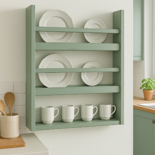 MILLHOUSE Rustic Wall-Mounted Wooden Plate & Mug Rack – Handmade Solid Pine Kitchen Shelf