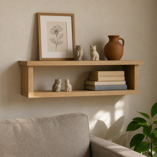 Wooden shelf with decorative items against a beige wall, featuring a plant on the right.