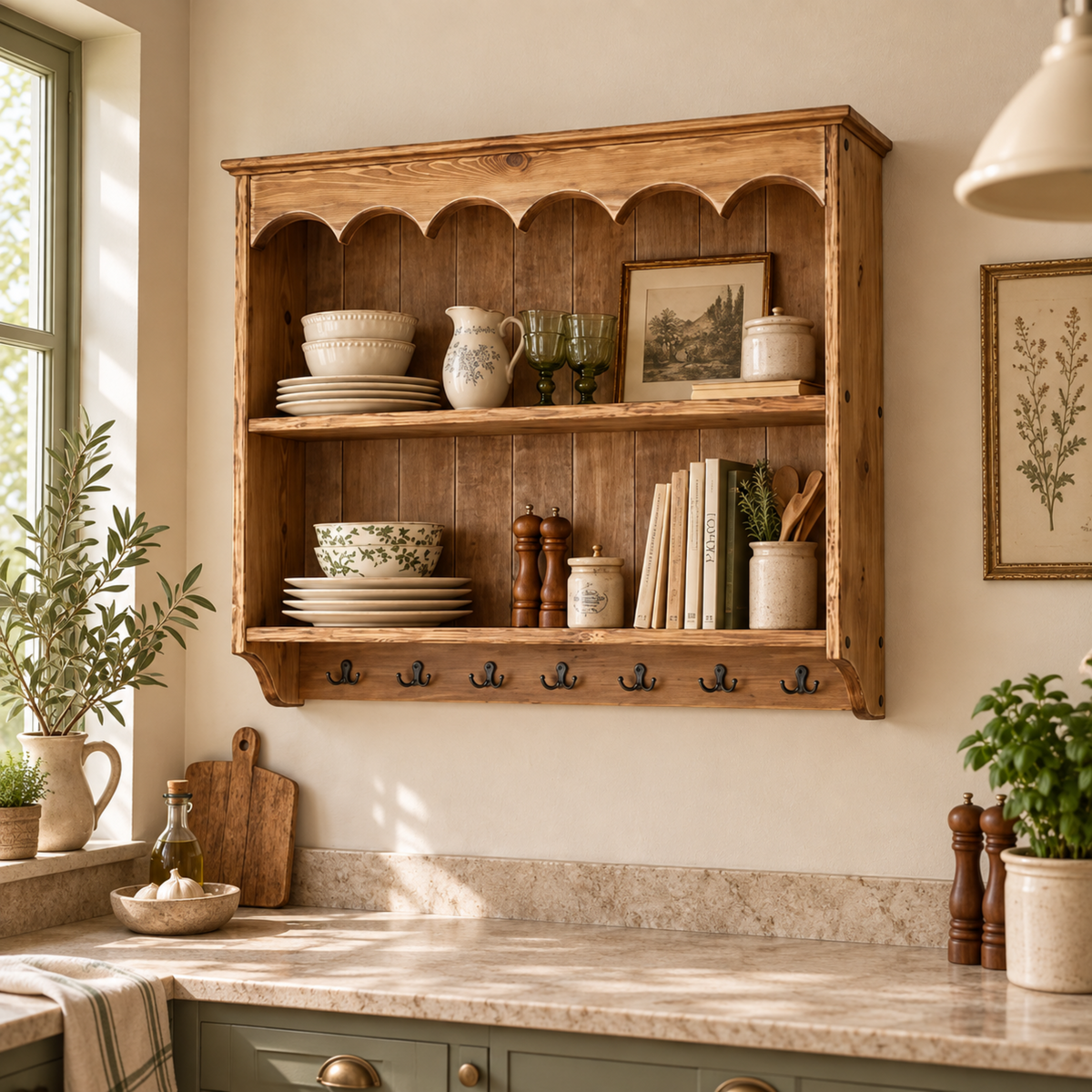 Apolline — Rustic Wooden Wall Shelf with Hooks