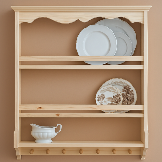 s103 Handmade Natural Pine Plate Rack Shelf with Pegs – Classic Country Elegance