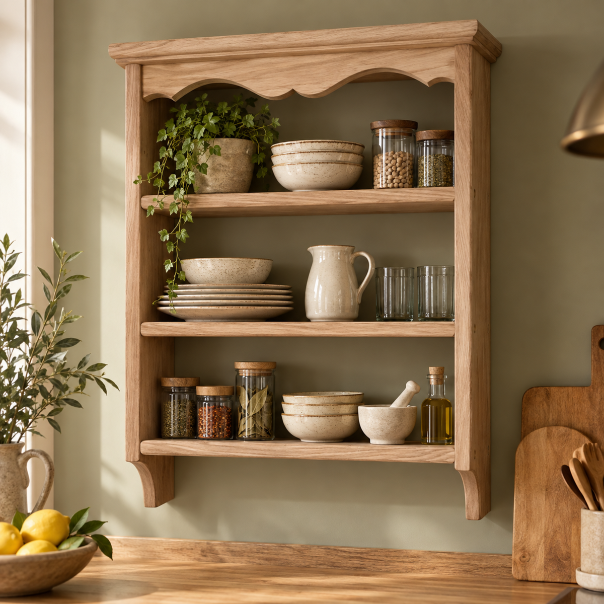 A light natural wood three-tier wall-mounted kitchen shelf styled with ceramic bowls, glass jars, a small pitcher, and a potted green plant, set against a sage green wall.
