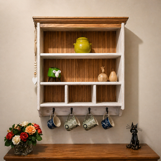 Wooden wall shelf with decorative items including a vase, cups, and a figurine on a wooden surface.