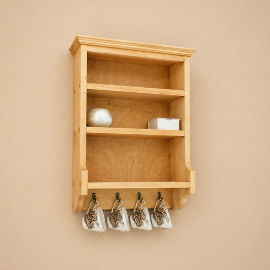 Wooden wall shelf with hooks holding small containers against a beige wall