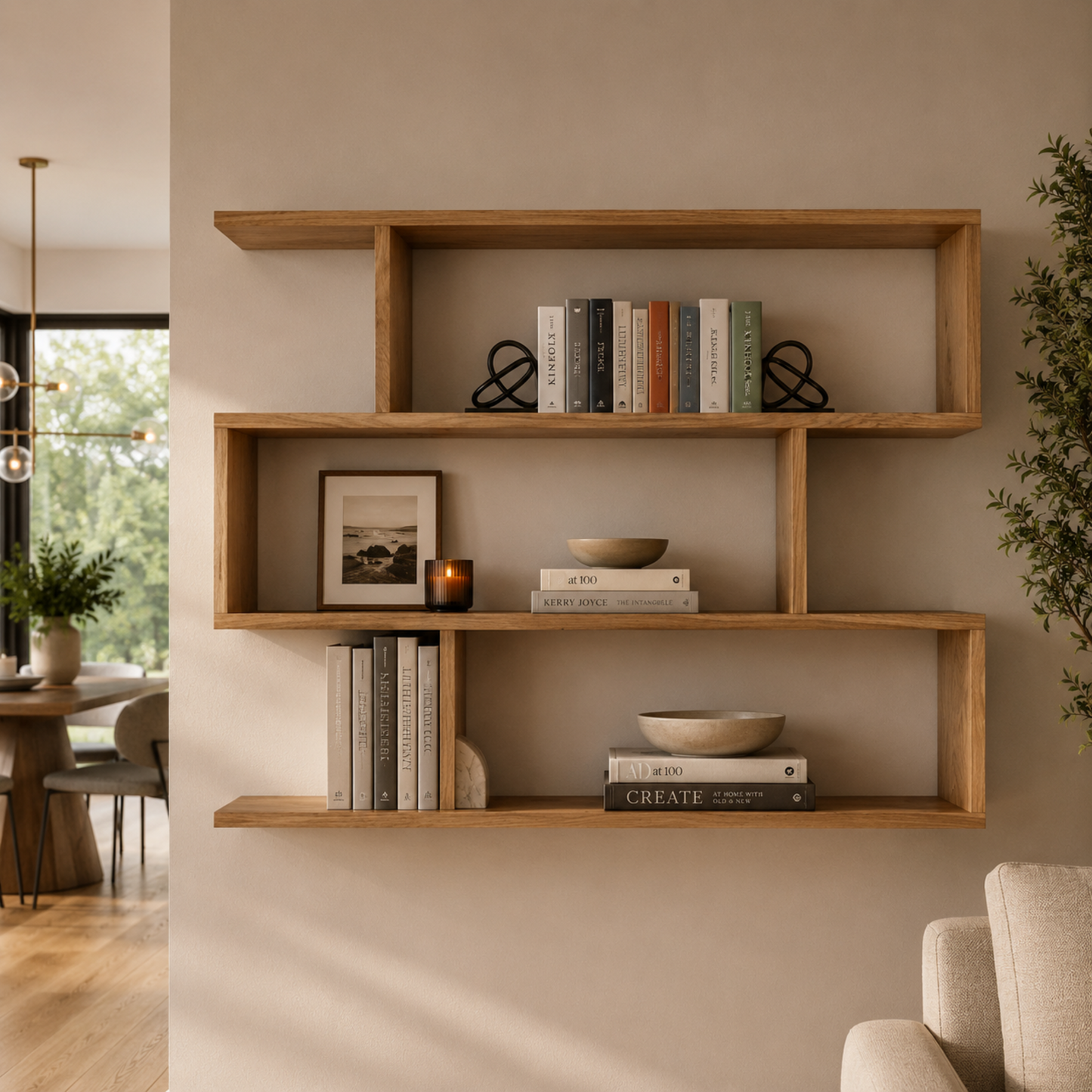 Wooden shelves with books and decor in a living room setting