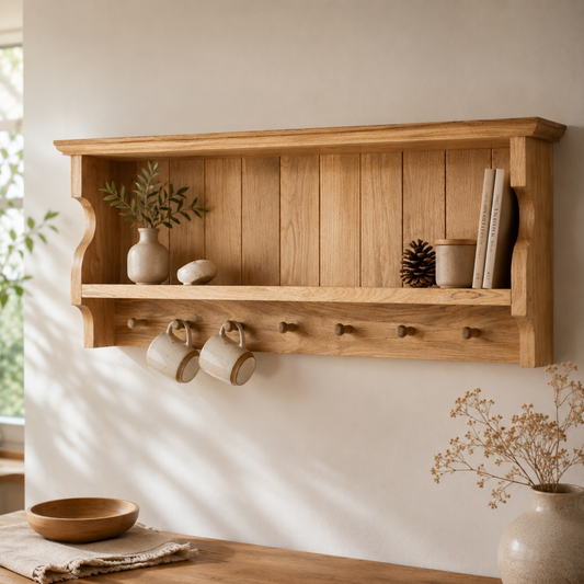 Wooden shelf with decorative items against a white wall