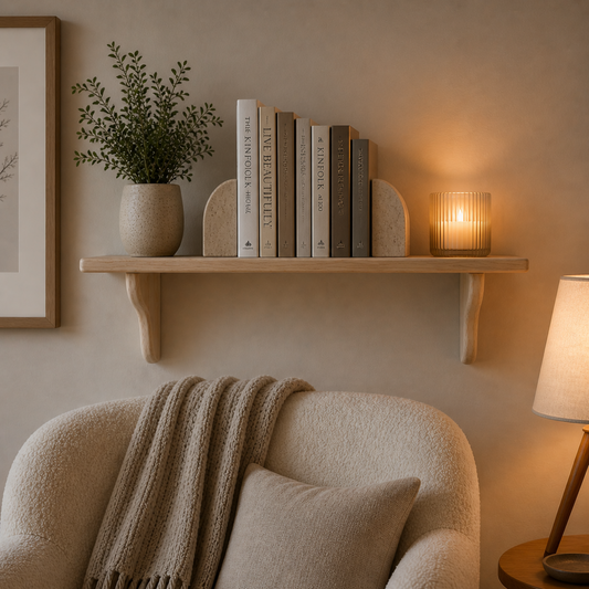 Nestled corner with a wooden shelf holding books, a plant, and a candle, with a cozy armchair in the foreground.