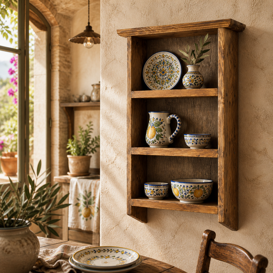 Wooden wall shelf with decorative ceramic items in a rustic kitchen setting
