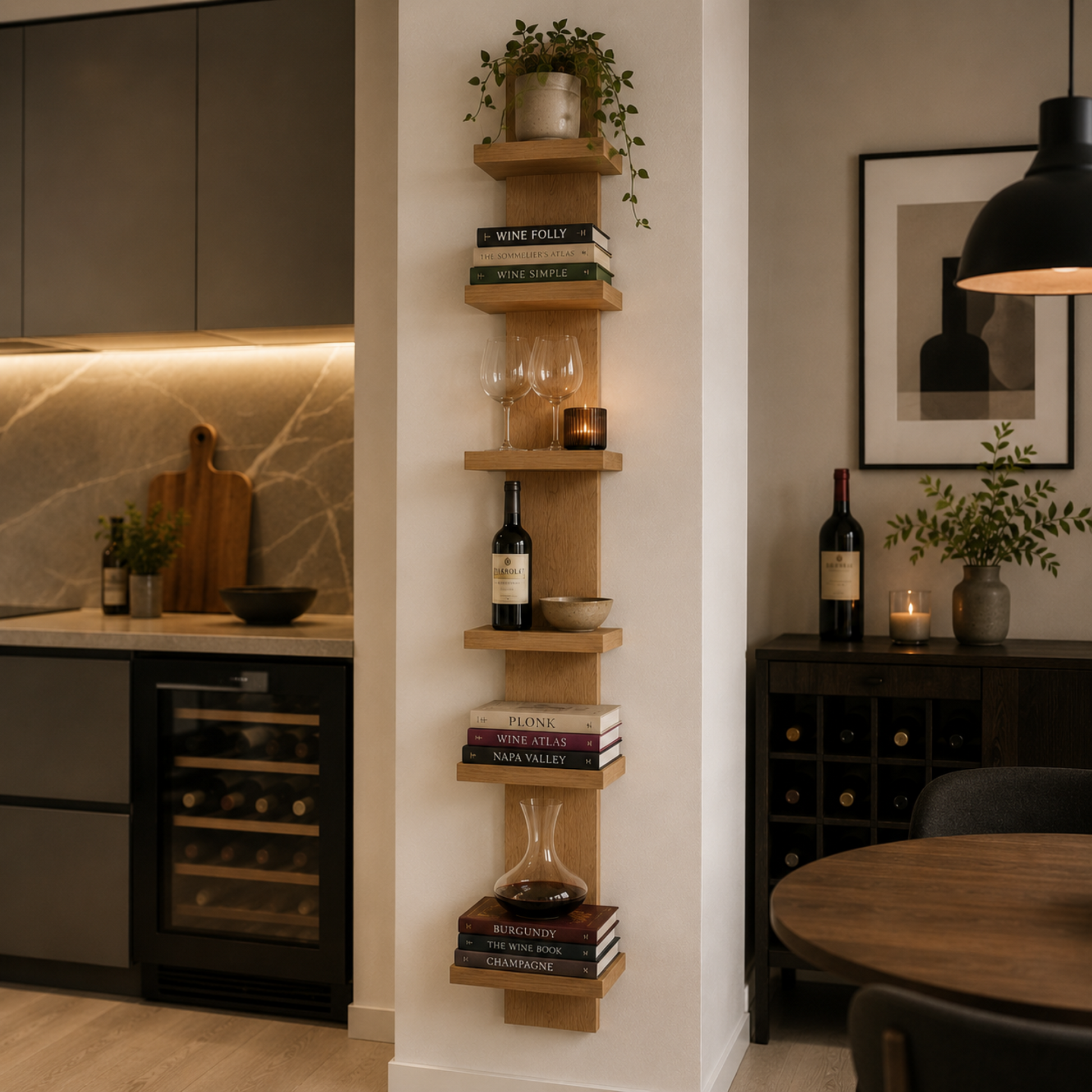 A vertical wall-mounted wooden floating shelf unit styled in a modern kitchen and dining interior, holding books, wine bottles, glasses, and small plants.
