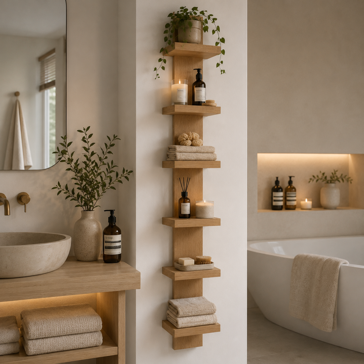 A vertical wooden floating shelf unit mounted on a bathroom wall, styled with candles, bath bottles, folded towels, and potted greenery, with a vanity and bathtub visible in a softly lit neutral bathroom setting.