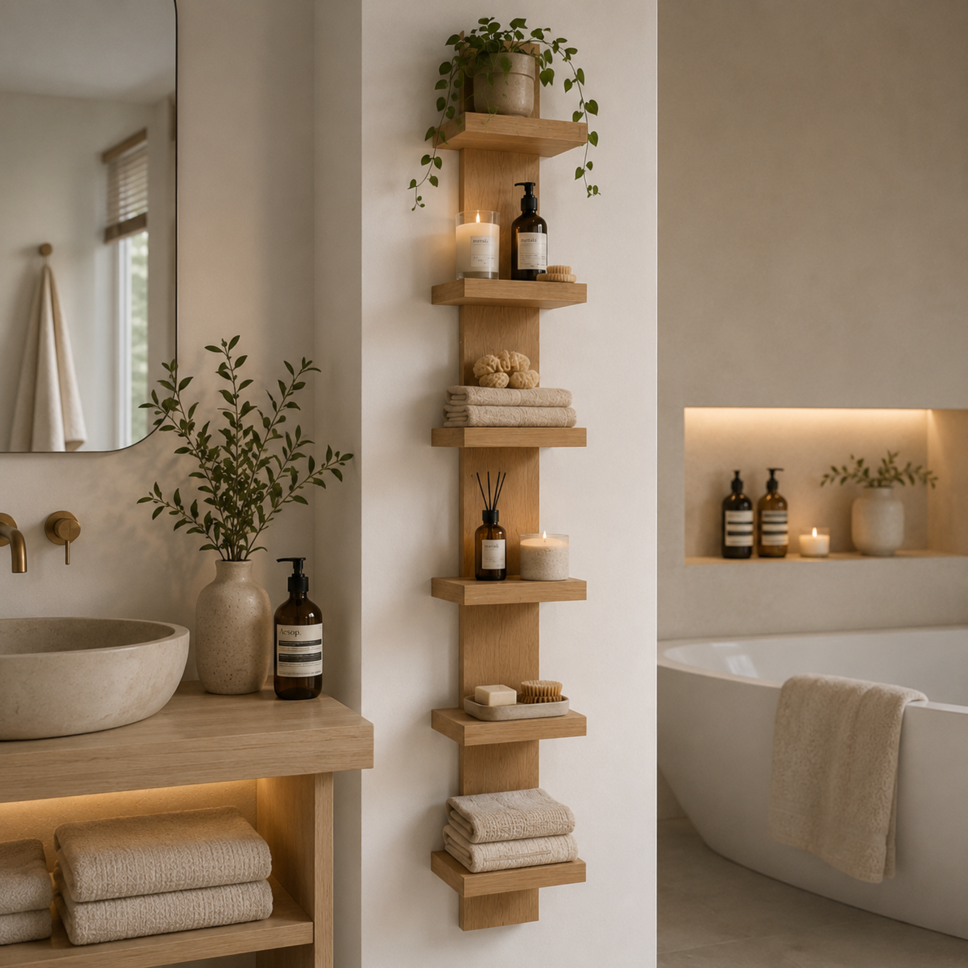 A vertical wooden floating shelf unit mounted on a bathroom wall, styled with candles, bath bottles, folded towels, and potted greenery, with a vanity and bathtub visible in a softly lit neutral bathroom setting.