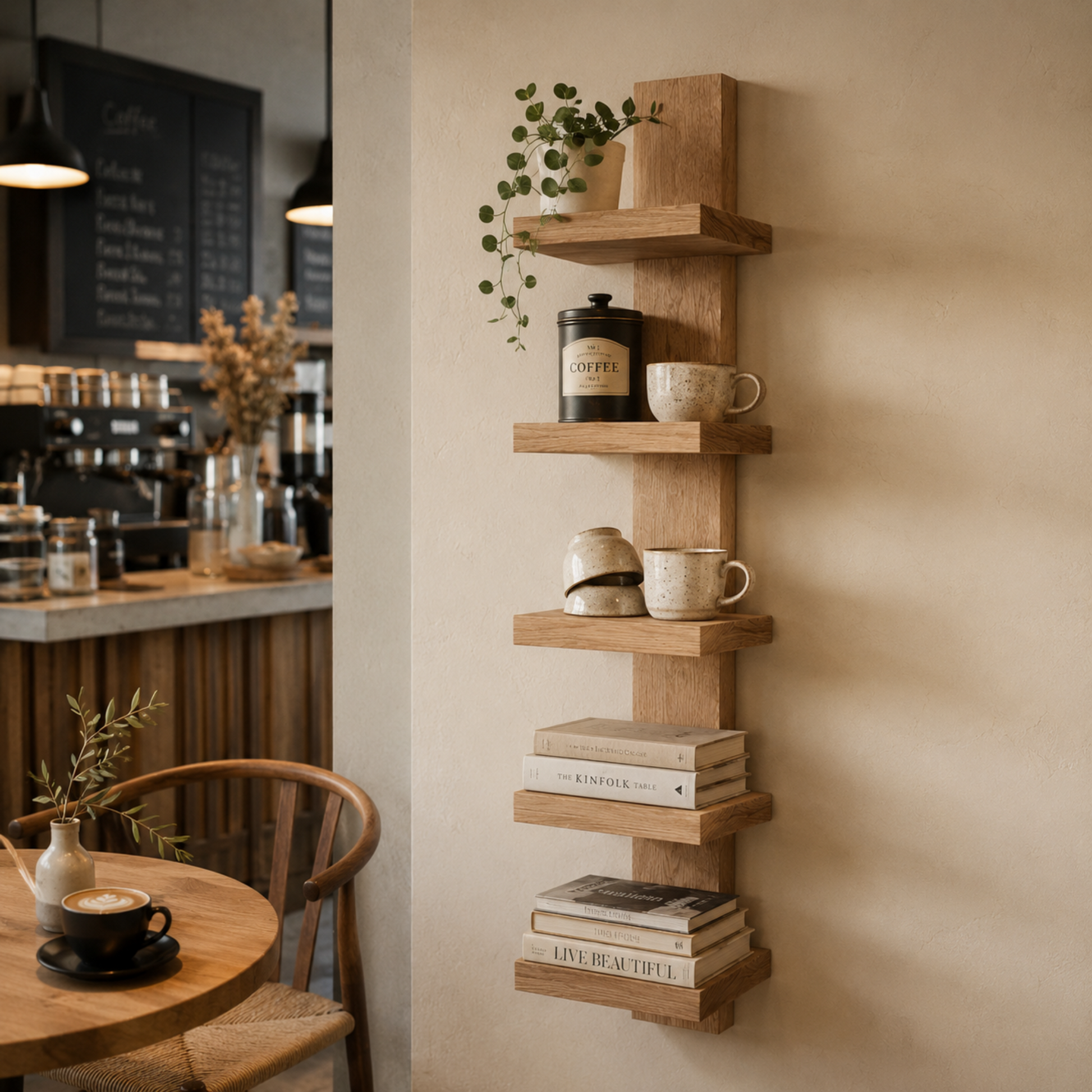 A vertical wooden floating shelf mounted on a beige wall in a cozy cafe setting, styled with books, ceramic mugs, a small plant, and a black coffee canister.
