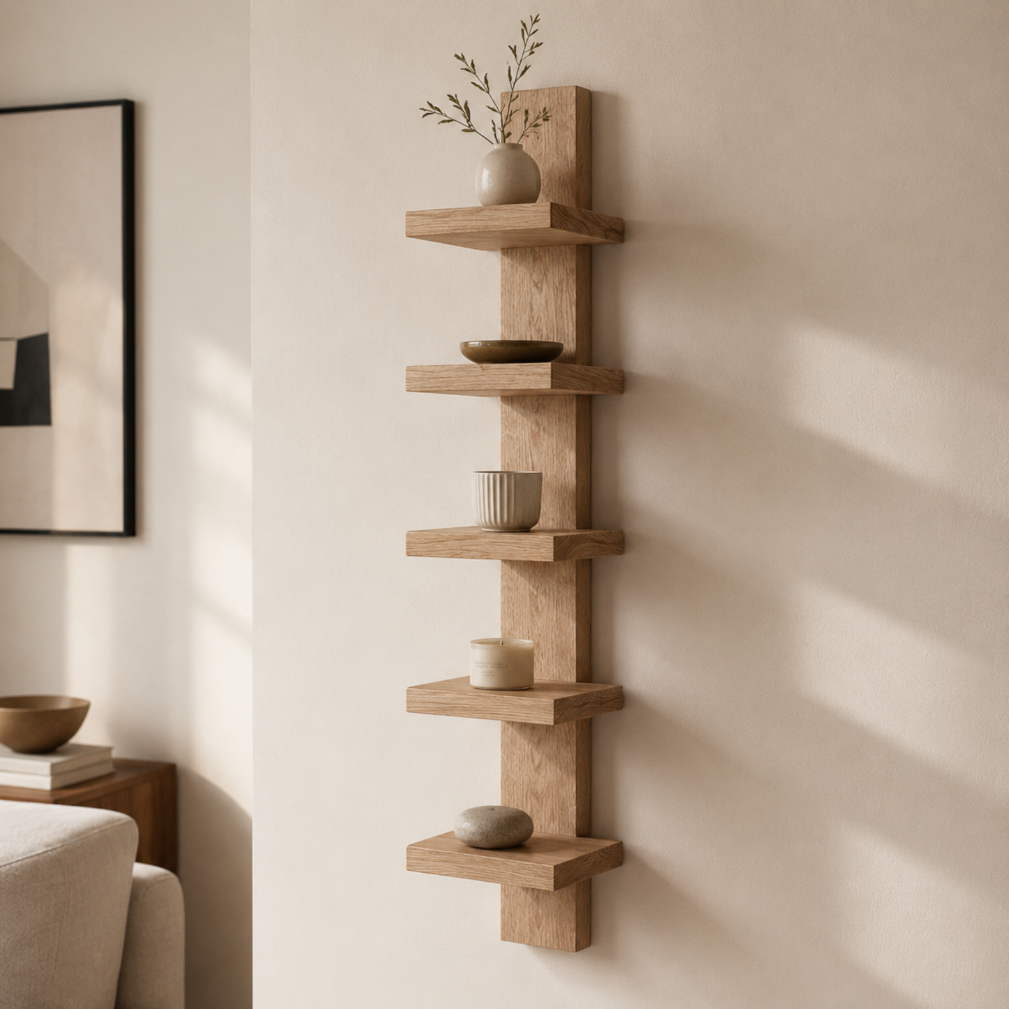 A five-tier wooden floating shelf mounted on a beige wall, styled with neutral ceramic vases, bowls, and a small plant in a softly lit room.