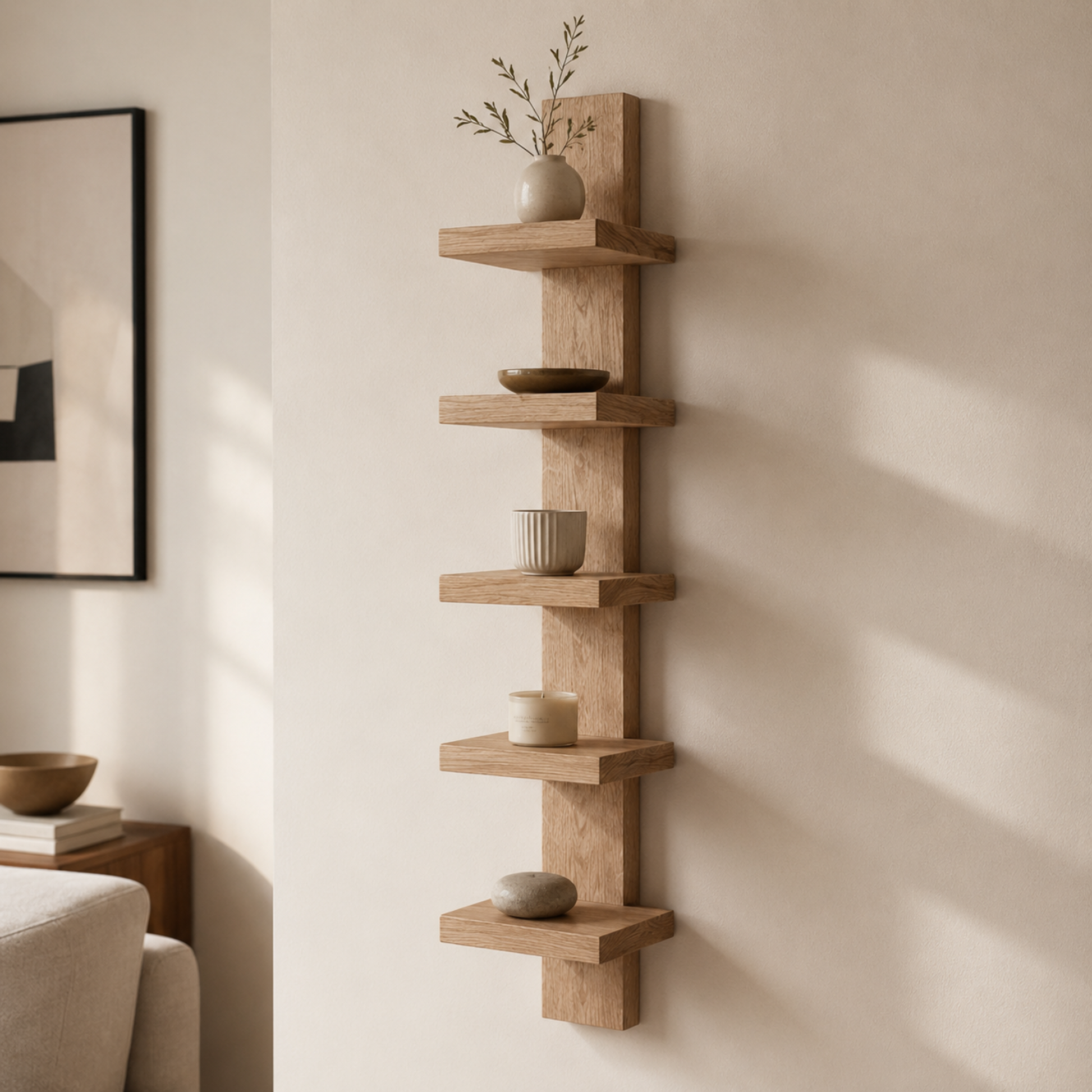 A five-tier wooden floating shelf mounted on a beige wall, styled with neutral ceramic vases, bowls, and a small plant in a softly lit room.