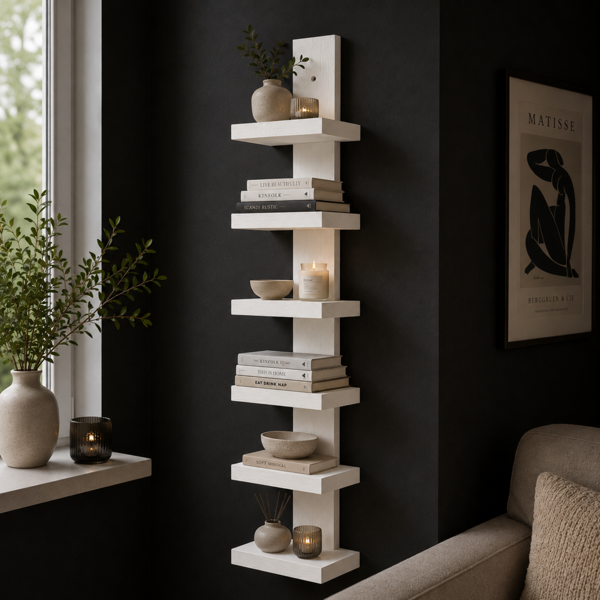 A tall, narrow floating bookshelf with multiple staggered white shelves mounted on a dark charcoal wall in a styled living room corner. The shelf is decorated with books, ceramic vases, candles, and small bowls, with a window and sofa visible in the background.