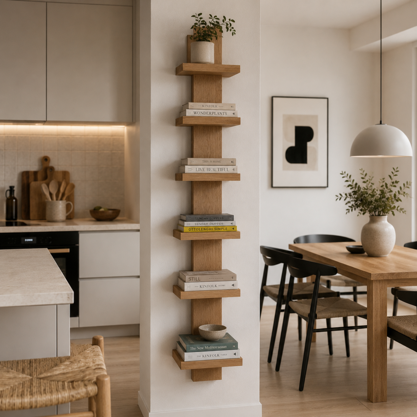 A tall, narrow wall-mounted wooden floating shelf unit with five tiers holds books and small potted plants in a modern kitchen and dining room setting.