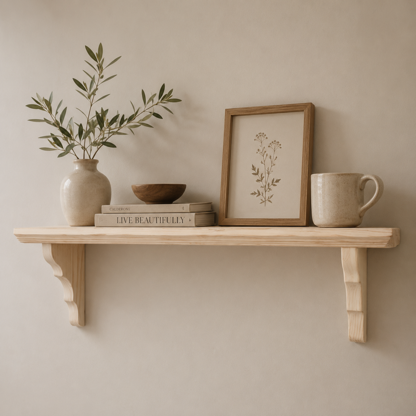 Wooden shelf with a vase, books, framed picture, and mug against a beige wall.