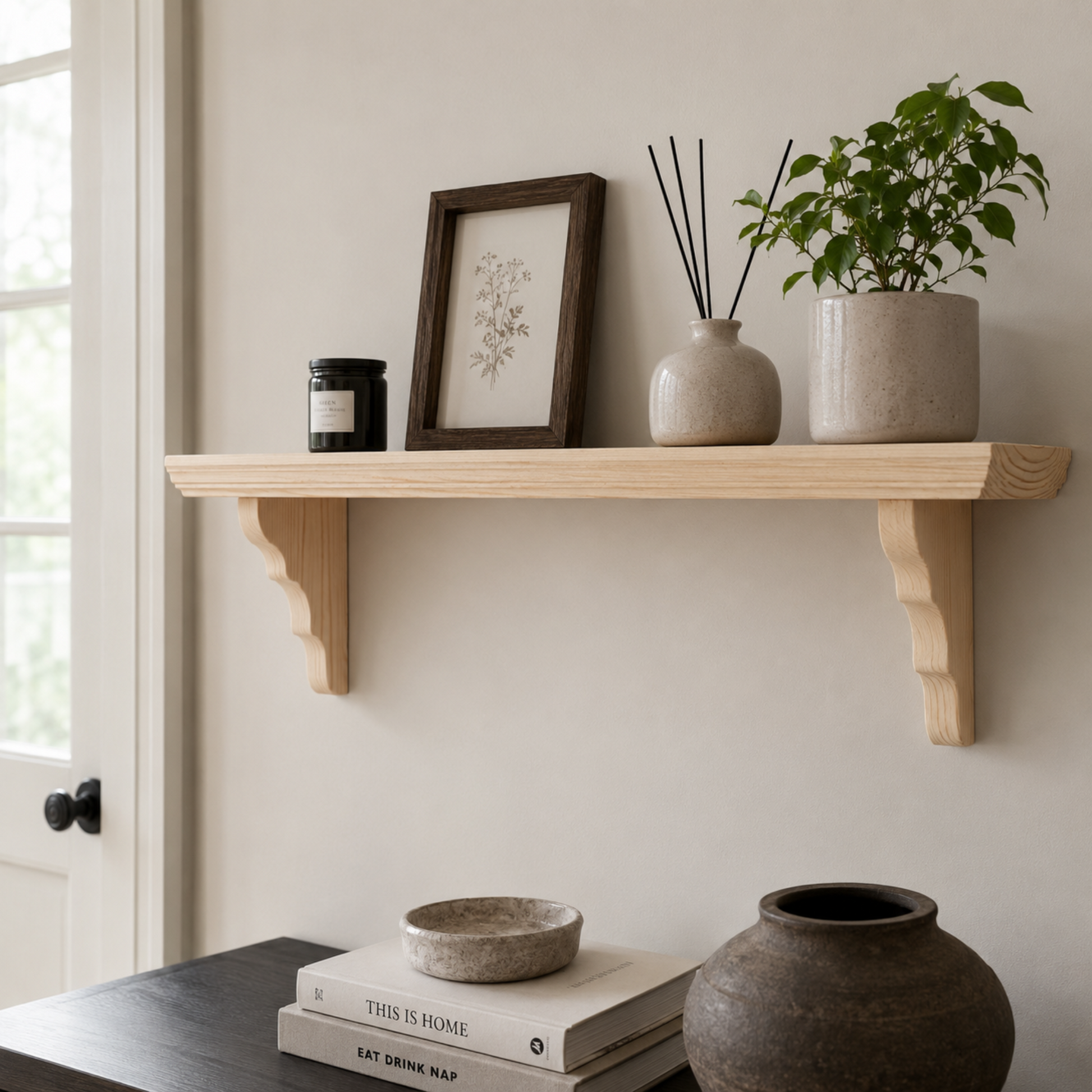 Wooden shelf with decorative items including a plant, books, and vases against a neutral wall.