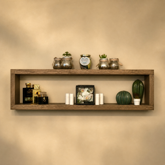 Wooden shelf with decorative items against a beige wall