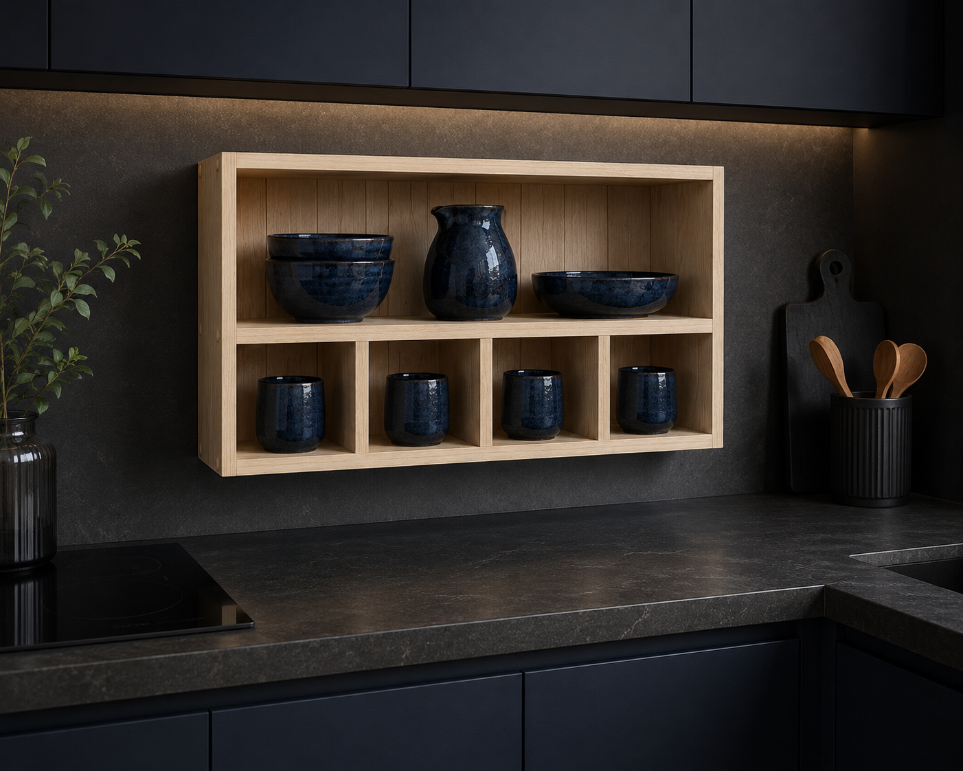Wooden shelf with blue ceramic items in a modern kitchen setting