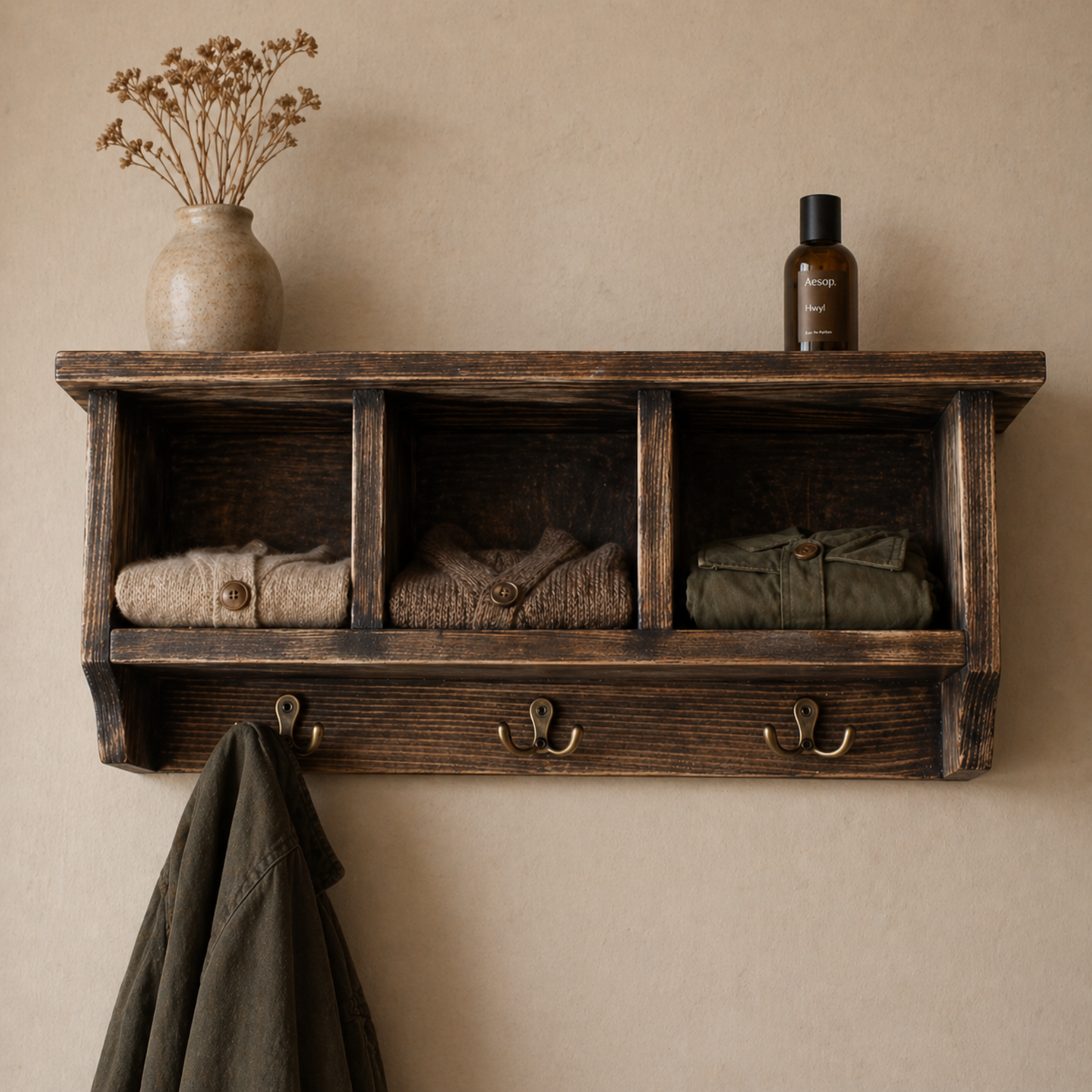 Mira — 3 Compartment Wall Shelf with Hooks