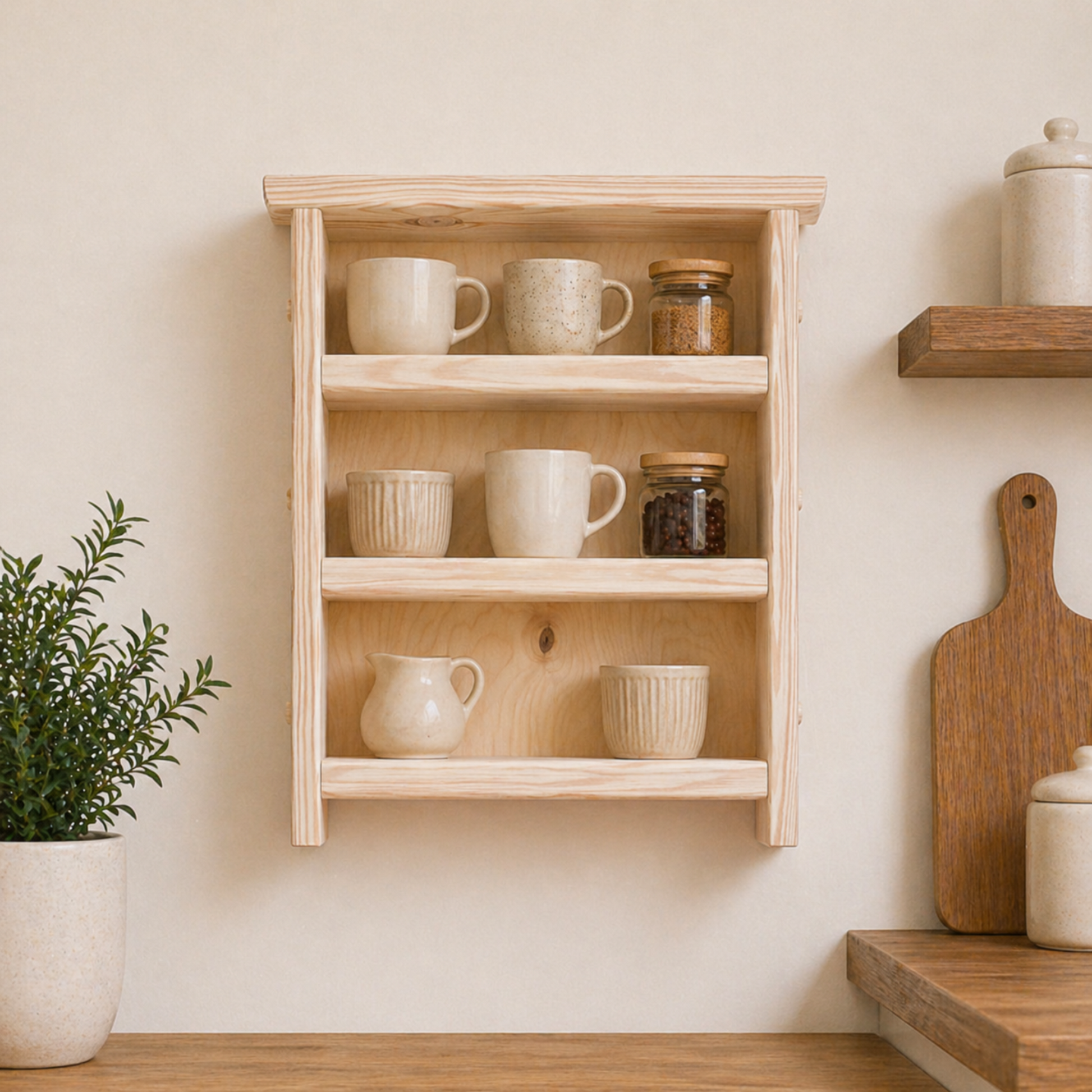Wooden wall shelf with ceramic cups and jars against a light wall.