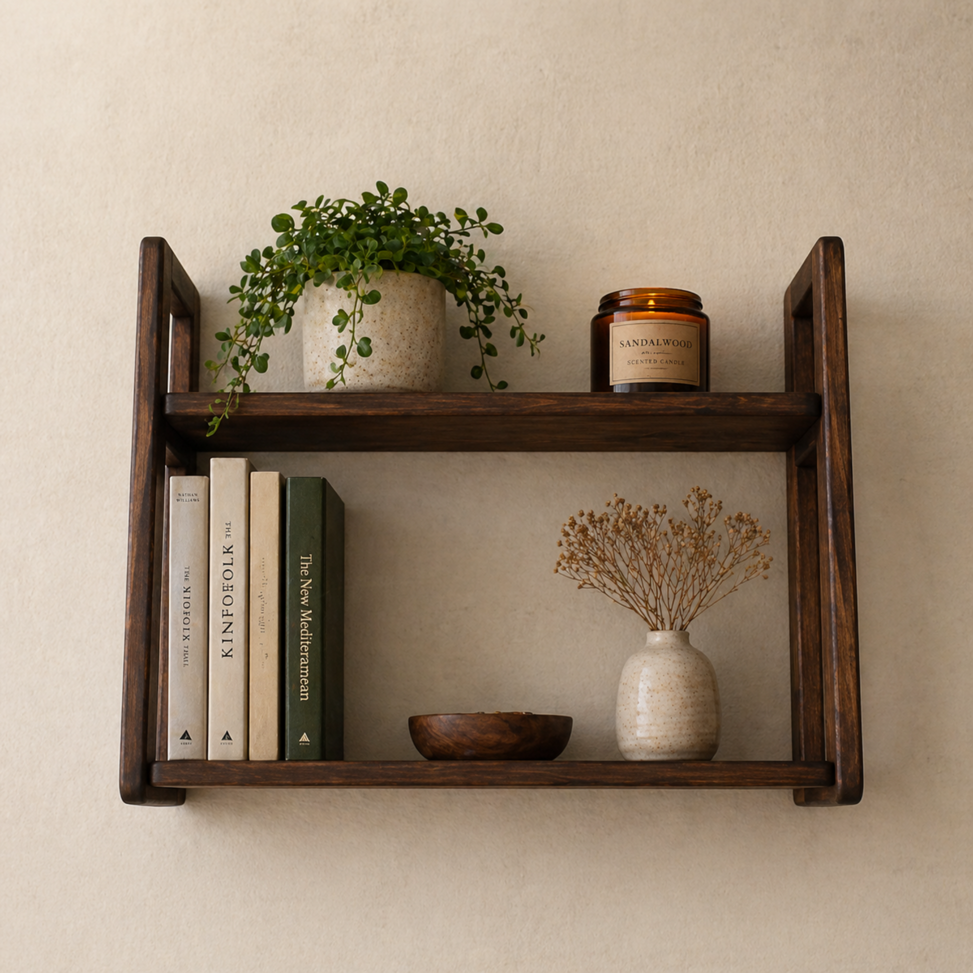 Wooden shelf with books, a plant, a candle, and decorative items against a beige wall.