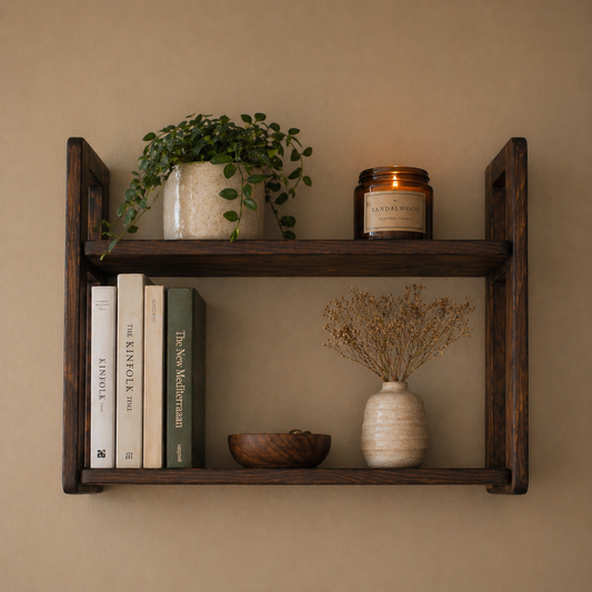 Wooden shelf with books, a plant, a candle, and decorative items against a beige wall.