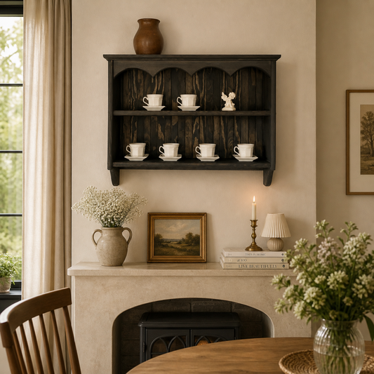 Nestled corner of a room with a wooden shelf, fireplace, and decorative items.