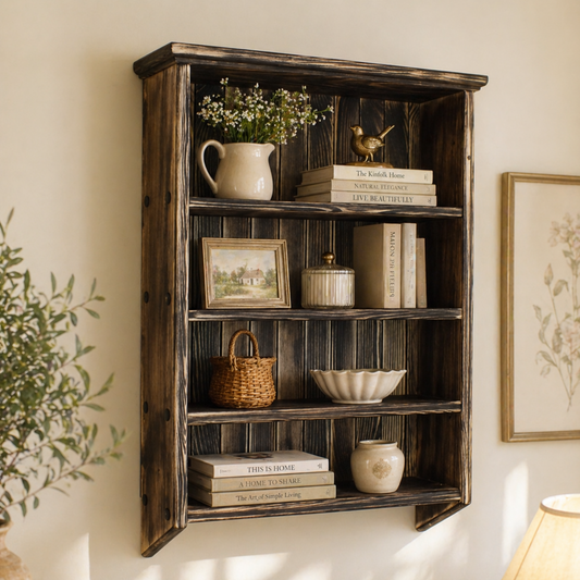 Wooden bookshelf with decorative items against a wall