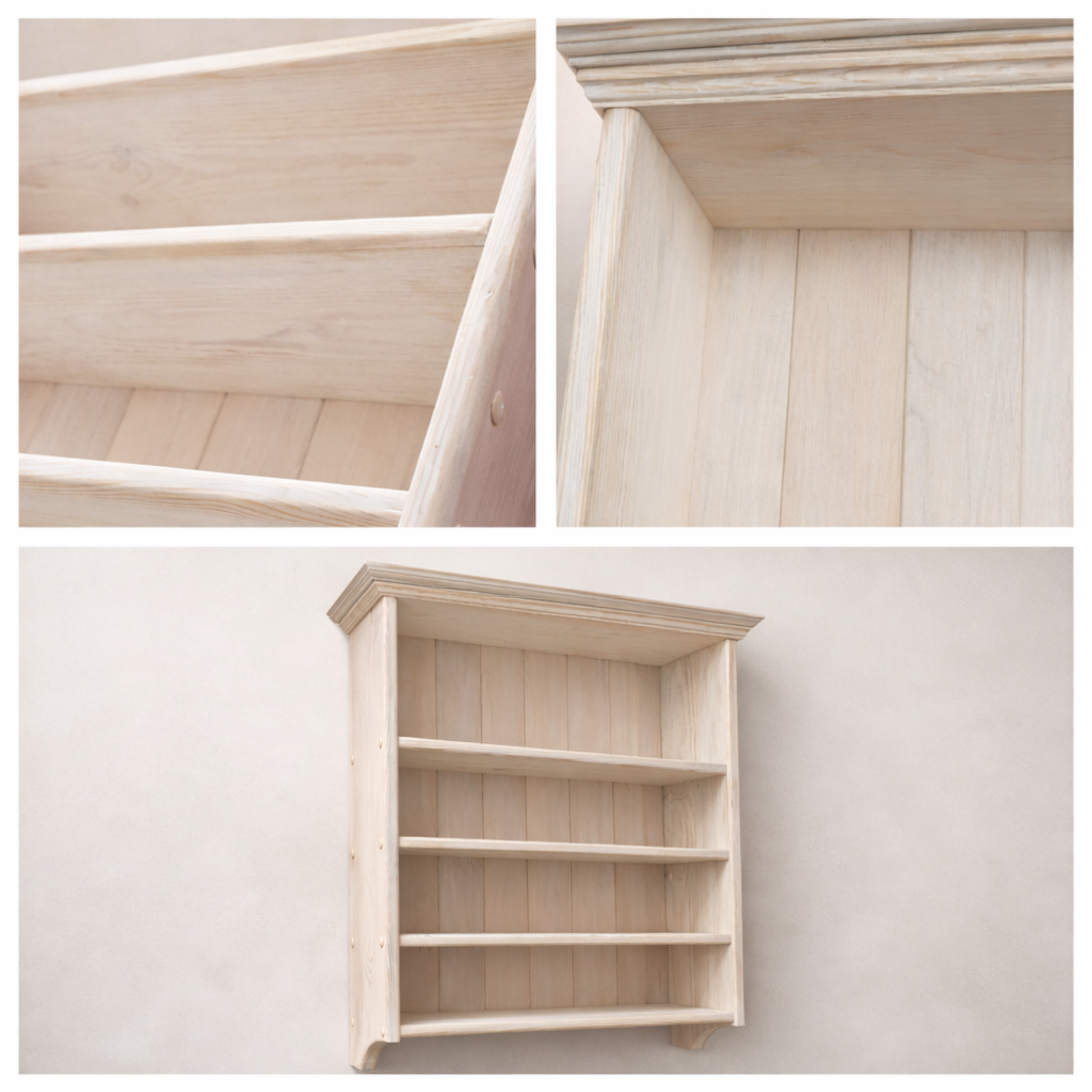 Collage of a wooden shelf with close-up details on a white background