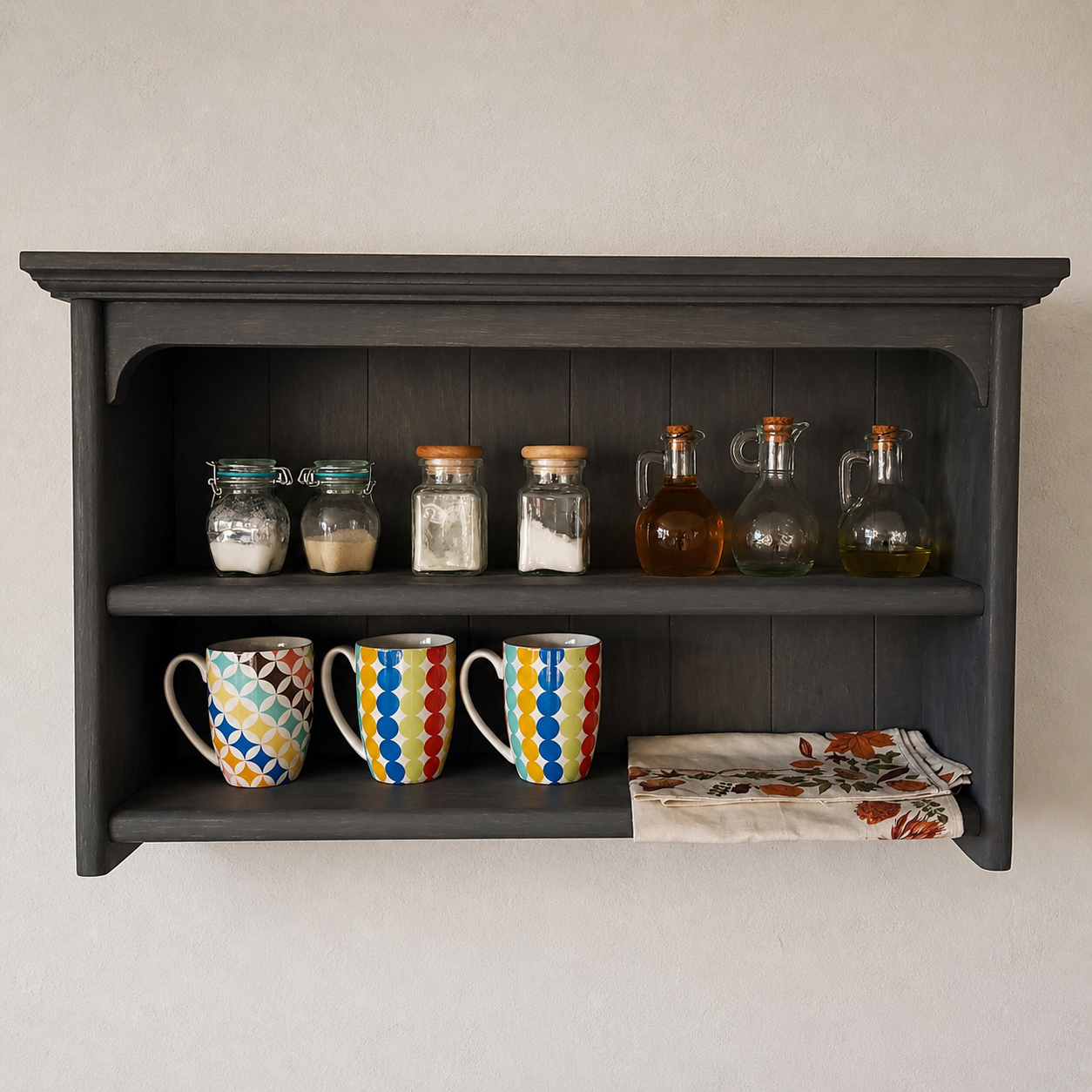 Dark wooden shelf with colorful mugs, jars, and a napkin on a light background