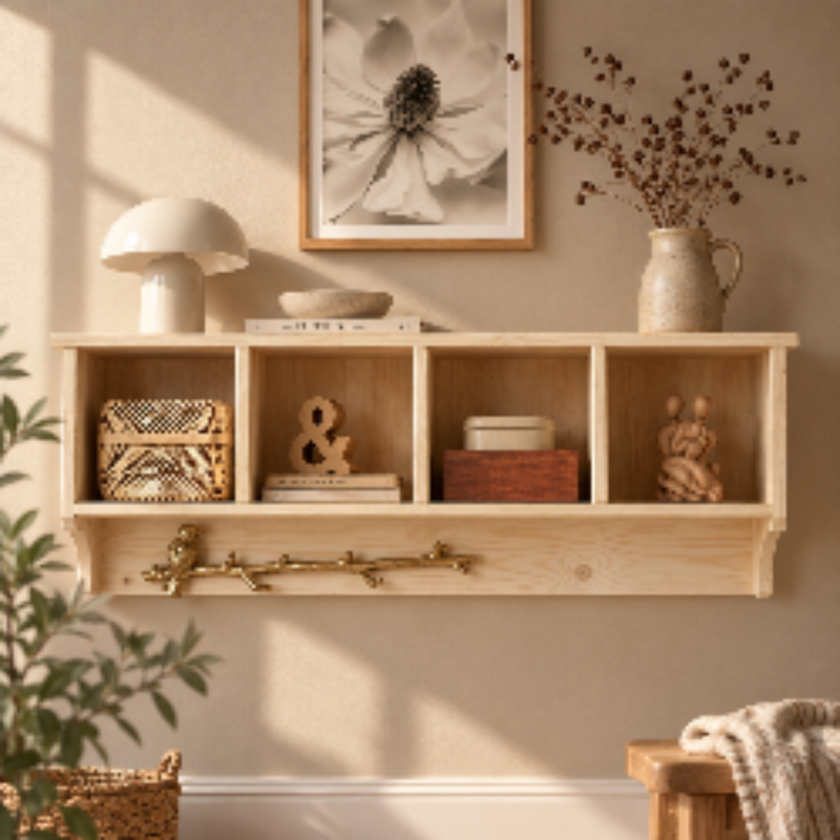 Sidonie — Solid Pine Wall Shelf with Four Compartments