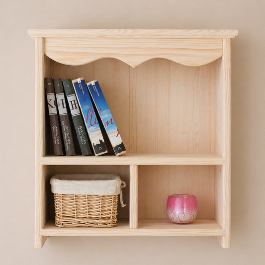 Wooden bookshelf with books and a basket on a beige wall