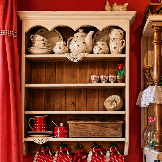 Wooden shelf with decorative teapots, cups, and plates against a red wall.