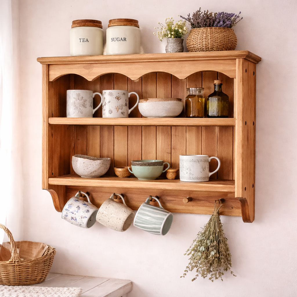 Aurelie — Rustic Wall Shelf with Mug Pegs
