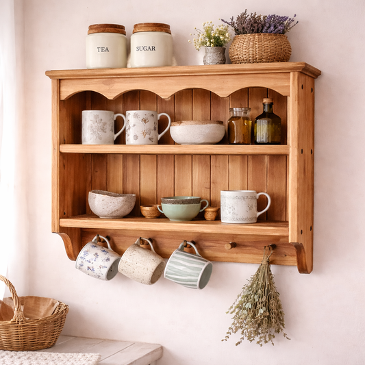 Aurelie — Rustic Wall Shelf with Mug Pegs