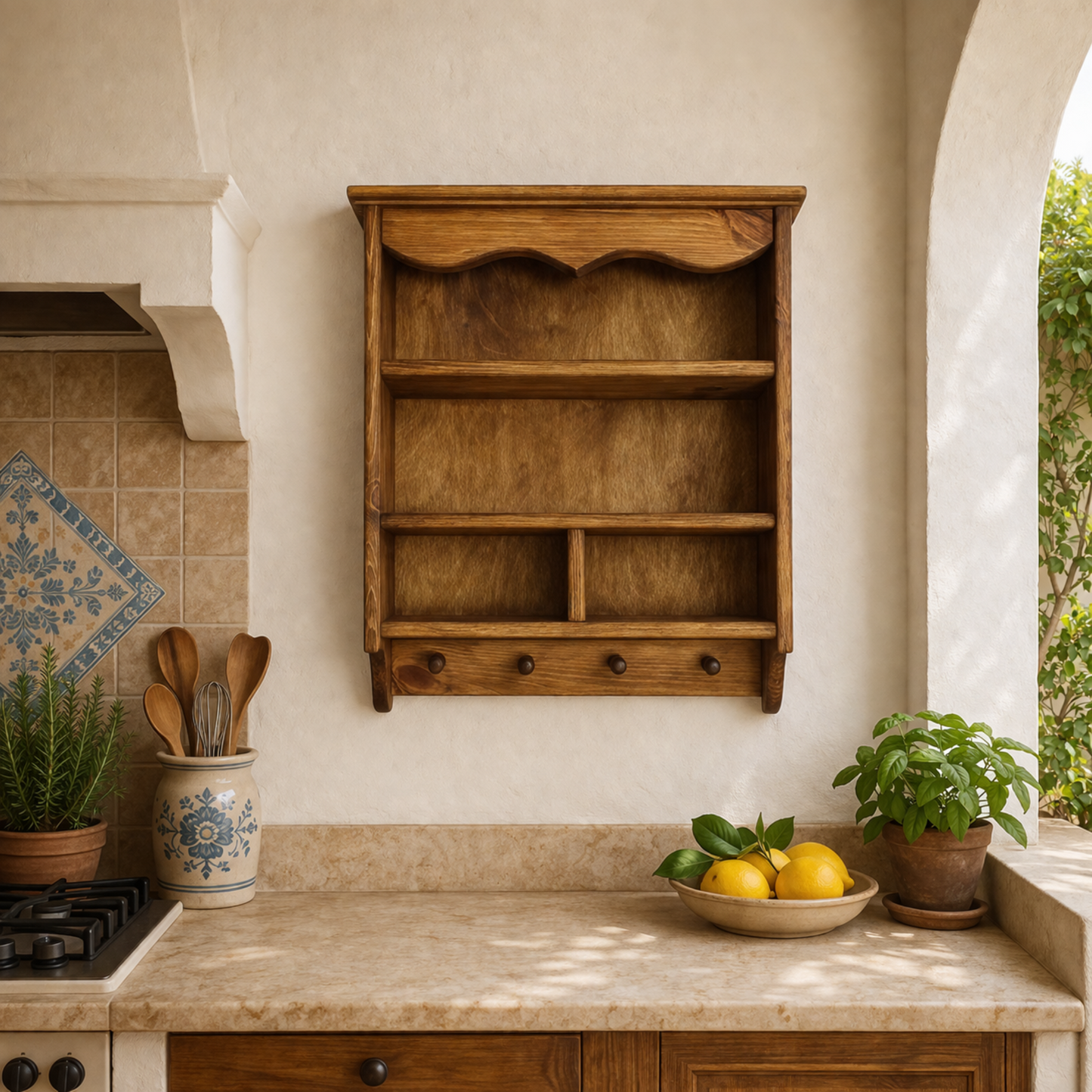 Rosalie — Cottage Wall Shelf with Peg Hooks