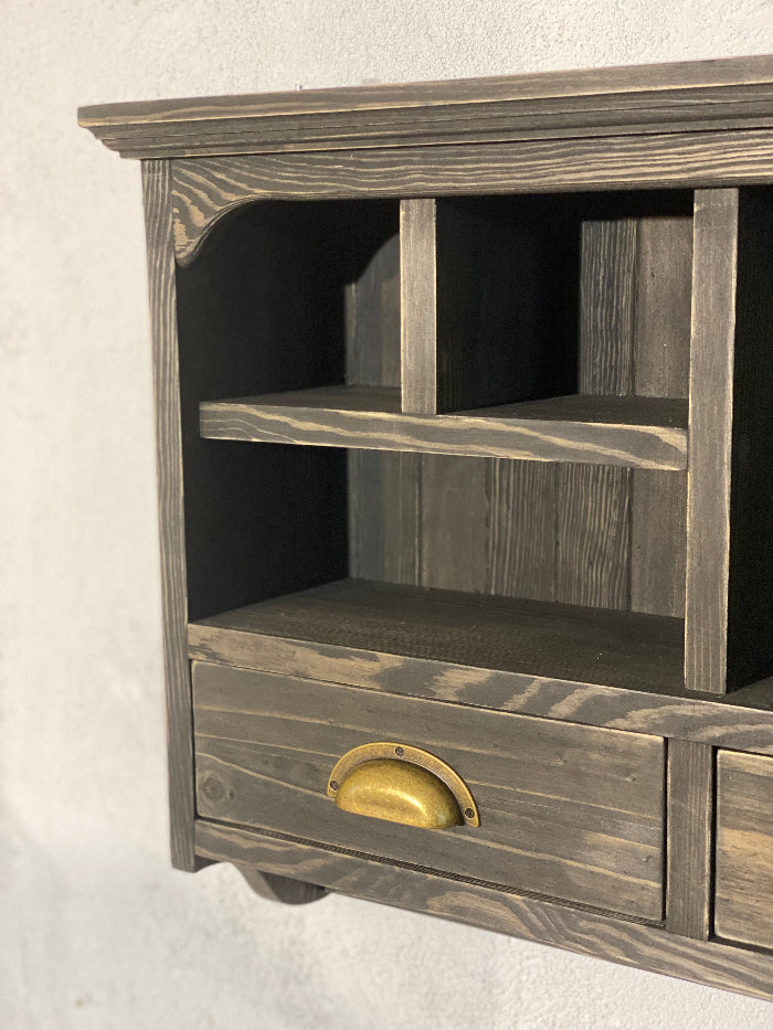 AKIKO Rustic Wooden Wall Shelf with Drawers & Hooks – Vintage Farmhouse Storage Organizer