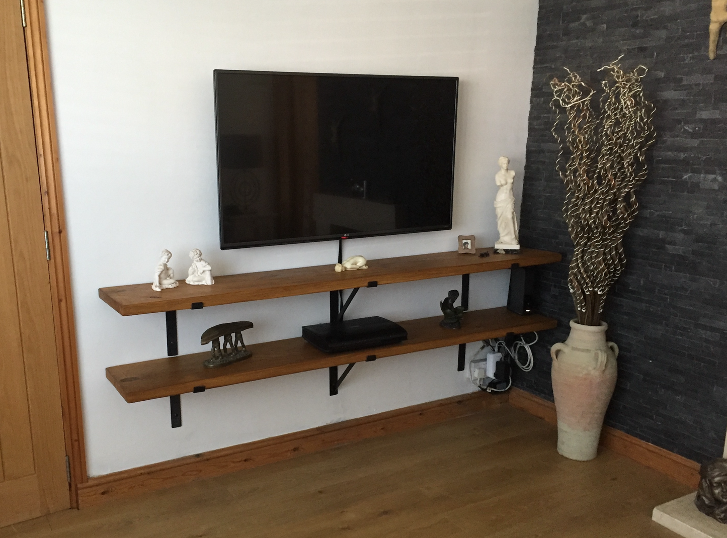 m19 Solid oak shelf, handmade with black metal supported brackets