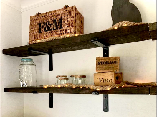 m19 Solid oak shelf, handmade with black metal supported brackets